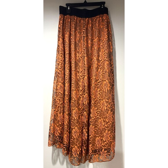 Lularoe Women’s Small Lucy Long Maxi Skirt Floral Lace Orange Fall Full Length - Picture 2 of 9